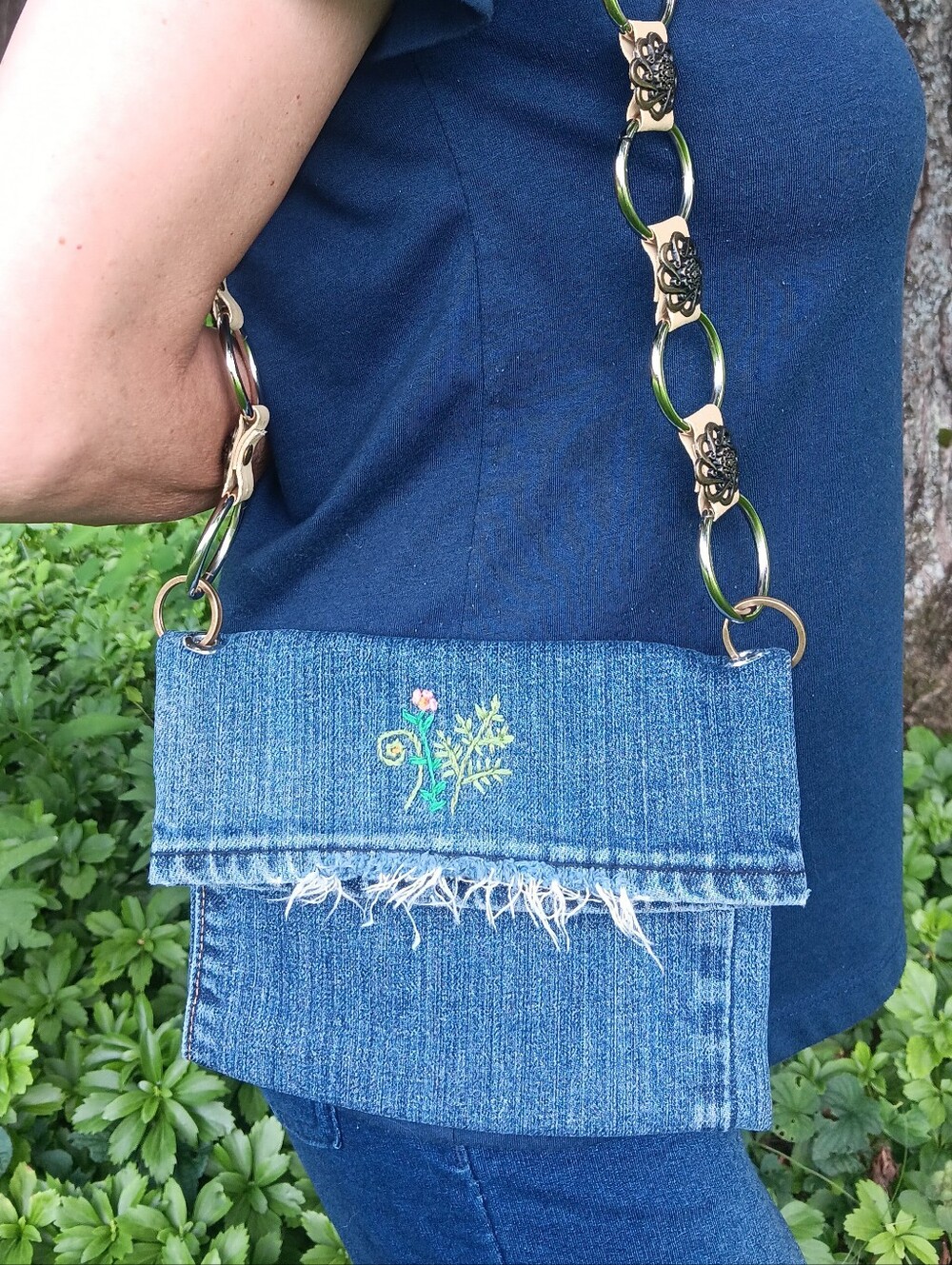 Hand Crafted Upcycled Distressed Denim Hand-Embroidered Shoulder Cell Phone Bag